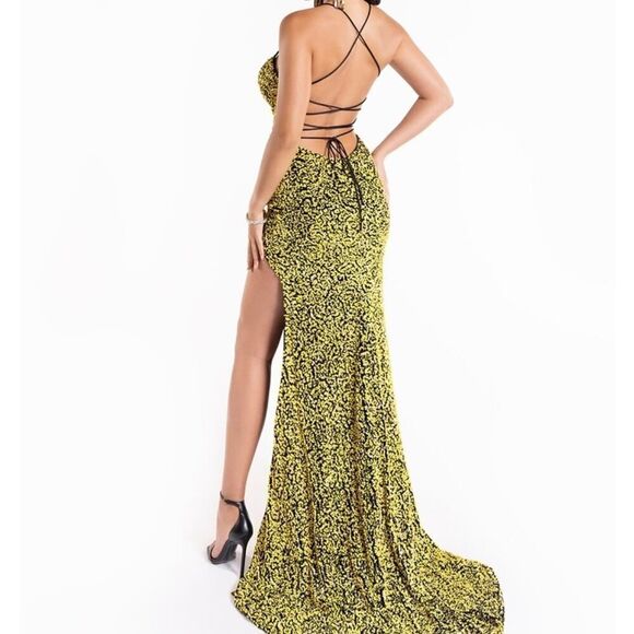 NWT Abby Paris x Lucci Lu 90163 Black‎ & Yellow Sequins High Slit Gown Size 8 - Picture 6 of 11